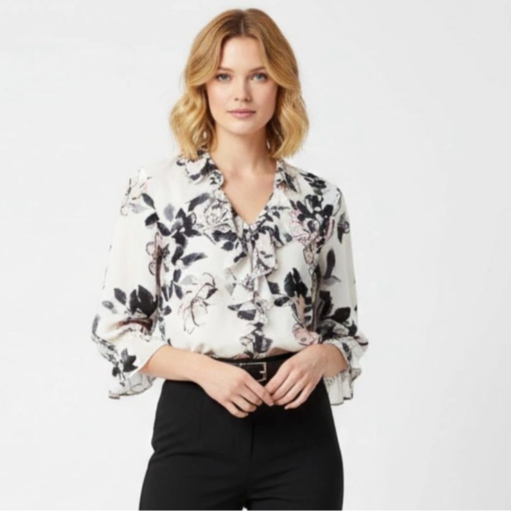 KARL LAGERFELD Ruffled Pearl Button Ruffle cuffs Floral Top Blouse Size XS